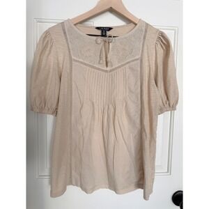 Lauren Ralph Lauren Embroidered Jersey Tie-Neck Top S Oatmeal Tassel Romantic
